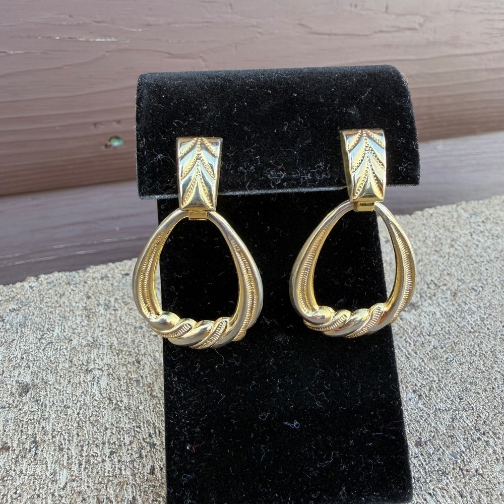 Vintage 80s Gold Door Knocker Earrings Statement Teardrop Geometric Retro Etched